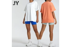 JY New Women's High Stretch Short Sleeve Shirts Quick Dry Gym T Shirts Outdoor Loose Workout Running Tops Plus Size Sports Wear
