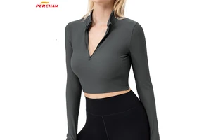 Custom Women's Half Zip Ribbed Cropped Yoga Top with Thumbhole Slim Fit Breathable Design for Sports Gym Workout