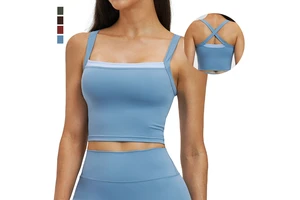 Women's Breathable Four-Way Stretch Gym Tank Top Sleeveless Double Layers Square Neck Backless Cross Back Yoga Workout Crop Top