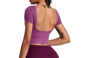 Women Sexy Back Yoga Wear Short Sleeve T-Shirt Tight Quick Dry Running Fitness Top