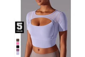 Women's Double-Layer Sports Bra with Sexy Mesh & Solid-Color Patchwork Short-Sleeved & Breathable for Running Fitness & Yoga