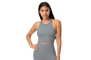 Short Sleeveless Sports Vest Elastic Fixed Cup High Round Neck Barely There Feel Gym Fitness Women's Yoga Top