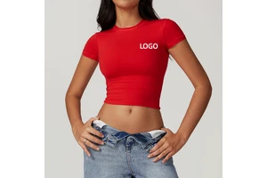 Women High Waist Stretchy Quick Dry Lightweight Yoga T Shirt Round Neck Crop Top Nylon Spandex Sport Shirt