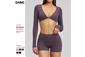 BAIME Casual Yoga Long-Sleeve V-Neck Spandex/Nylon Sweat-Wicking Sports Top for Women Outdoor Fitness Running T-Shirt 4201