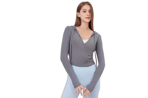 Breathable Seamless Solid Nylon/Cotton Four-Way Stretch Simple Deep V-Neck Drawstring Hoodie Women Full Sleeve Yoga Top Front