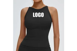 OEM Custom Logo Women Tank Top Nylon Four Way Stretchy Criss Cross Back Halter Sport Bra Square Neck Padded Soft Crop Yoga