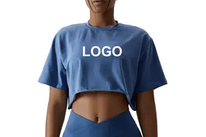 Custom Logo 100% Cotton Women Gym Short Sleeve Athletic Yoga Shirts Girls Workout Cotton Tee Loose Crop Top Crewneck T-shirt
