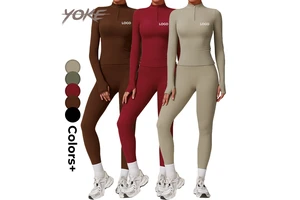 YK Custom Logo Stand Collar Zipper Long Sleeve Yoga Wear 4 Piece Workout Yoga Tops Sports Bra Elastic Waist Products Set