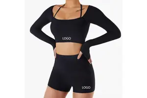 Breathable For Sports Fitness Ribbed Tight Yoga Outfit Set-Women's Top & Shorts Two-Piece With Chest Pads And Front Logo