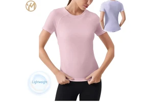 Yimo Women Round Neck Short Sleeves Workout Shirt Female Breathable High Stretch Yoga Top Lady Quick Drying Running T-shirt