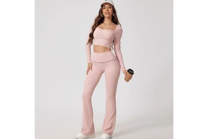 Wholesale Women's Reversible Solid Sport 2-Piece Set Long Sleeve Top Flared Leg Pants Gym Fitness Running Yoga Clothing