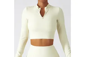 Custom Logo Ladies Ribbed Half Zipper Slim Fitted Long Sleeve Cropped Yoga Tops