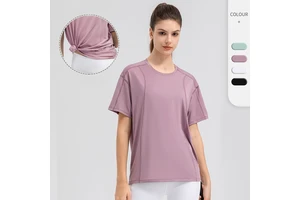 Women's Loose Fit Knitted Fleece Sports Short Sleeve Quick-Dry Breathable Running Fitness T-Shirt Moisture-Wicking Logo Print