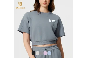 Casual Loose Women's Sportswear Sports Gym Crop Top Crew Neck Drop Shoulder Elastic Hem Yoga Top Short Sleeve