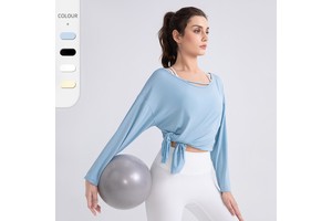 Modal Spandex Women's V-Neck Long-Sleeved Blouse Cool Breathable Loose-Fitting Sports Top Pilates Training Fitness Front T-Shirt