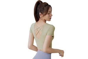 2025 Customize Fitness Sportswear Solid Print Yoga Crop Top Short Sleeve Sports Shirt Chest Pads Elastic Comfortable Spandex for