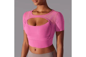 Solid Color Sexy Mesh Breathable Running Sports Yoga Short Sleeve Bra Running Fitness Yoga Top Woman