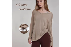 2026 Hot Selling Woman Loose Gym Fitness Yoga Wear Drawstring Pleated V-neck Hip-covering Long-sleeved Blouse