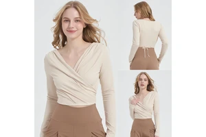 2026 Spring Women's Active Stretch Polyamide Seamless Yoga Top Sports Running Pilates Fitness Cross Long-sleeved V-neck