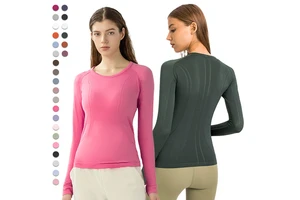 D19083 Seamless Long Sleeve Slim Fit Yoga Top Jacquard Breathable Basic Crew Neck Pullover Fitness T-shirts