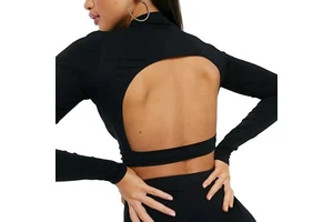 Custom High Neck Long Sleeve Black Plain Color Yoga Top Blouse Hollow Out Back Women Crop Top