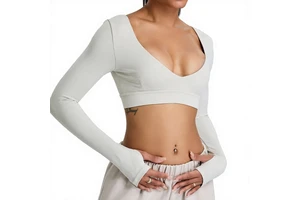 Women's Custom Logo Quick Dry Yoga Top S-XL 75% Nylon 25% Spandex V-Neck Long Sleeve Padded Crop Top