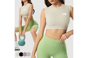 Women's Cropped Yoga Vest Top Naked Sensation Sleeveless Workout Shirt for Pilates Fitness Training Round Neck Athletic Tank