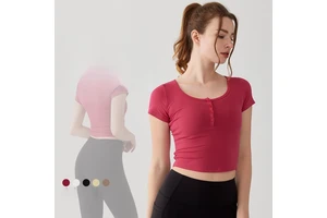 Elasticity & Quick Drying Women's Yoga Sports Short Sleeve Buttoned Top With Shorts Sleeves For Gym Workouts High