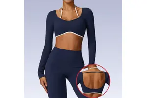 Women's Workout Gym Yoga Crop Tops Seamless Lightweight Breathable Halter Long Sleeve Backless Sports Bra with Padded T Shirts