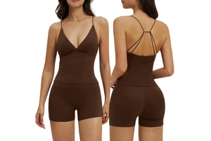 Women's Solid Color Lightweight Breathable Backless Crop Top Built-In Bra Sleeveless Yoga Shirt 2-Piece Set for Gym Fitness