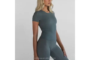 Custom Stretchy High Quality Nylon Spandex Stitching Slim Fitted Gym Tee Sports Yoga Tops Women Fitness Workout T Shirt