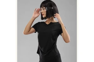Women's Custom Logo Summer Casual Solid Loose Side Ruched V-Neck Short Sleeve Yoga Gym Set Fitness Sport T-Shirt Soft Material