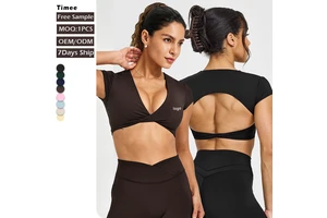 Hot Sale Twist Detail V-Neck Workout T-Shirt Women Cutout Backless Quick Dry Yoga Crop Top for Gym Fitness Running Daily Casual