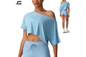 Fashion Naked Feel Quick-Dry Soft Short Sleeve T-Shirt Women's Off-Shoulder Casual Sports Loose Crop Tops Gym Fitness Yoga Tops