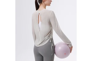 Micro-transparent Thin Back Hollow-out Breathable 100% Polyester Sunscreen Blouse Women's Lace-up Fitness Long-sleeved Yoga Top