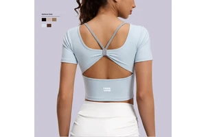 Yoga Sportswear Yoga Activewear New Butterfly Back Yoga Top Short Sleeve Cross Back Padded Breathable Fitness Shirt