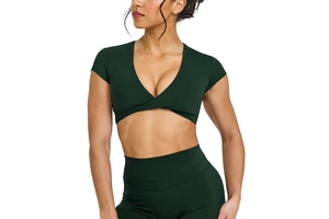 Cross-Border Ruched V-Neck Yoga Short-Sleeve Women's Hollow-Out Beautiful-Back Nylon Tight-Fitting Fitness Top Casual Commuter