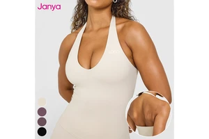 Janya Women's Deep V Neck Breathable Four-Way Stretch Sleeveless Workout Tops Backless Gym Sports Vest Halter Neck Yoga Tank Top