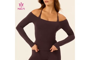 HUCAI Custom 75% Nylon 24%Spandex Lightweight Smooth Off Shoulder Yoga Long Sleeve t Shirt for Women