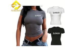 2026 Custom Logo Baby Tee Women's T-shirts Wholesale Crop Top Puff Rhinestone Plain Sexy Fitted Thin Blank Shirt For Woman