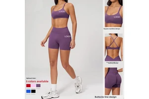 Hot Seamless Solid Women's Off-Shoulder Yoga Shorts 2-Piece Set Quick-Dry Tight Sports Suit Outdoor Casual Running Fitness Front