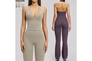 XW-EBX4201 Women Halter Neck Yoga Tank Top Deep V Neck Hollow Back Removable Pads Cropped Workout Sports Bra Gym Fitness Tops
