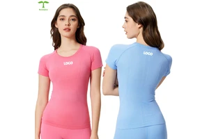 Custom logo Seamless Breathable Girls Round Neck Skinny Women Short Sleeved T Shirt Gym Fitness Top Woman Yoga Top
