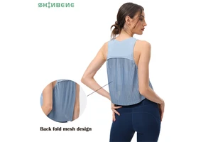 SHINBENE PLEATS High-Neck Yoga Fitness Tank Tops Vest Women Loose Fit Quick Dry Workout Athletic Crop Top Sleeveless Shirts