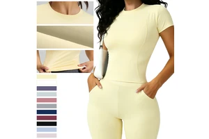 Breathable Four-Way Stretch Sweat-Wicking Lightweight Solid Yoga Wear Short-Sleeved Side Stripe Tight-Fitting Women's Running