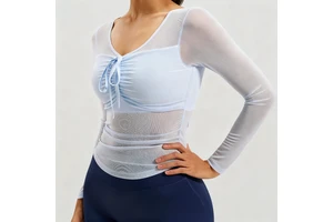 Women's Mesh Crew Neck Skinny Fit Yoga Tank Top Fixed Cups Long Sleeves Sweat-Wicking Four-Way Stretch Spandex Blend Plus Size