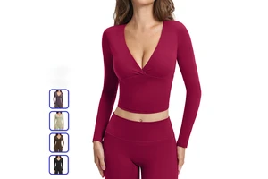 Women's Long Sleeve Yoga Crop Top Deep V Neck Cross Front Workout Shirt High Stretch Athletic Base Layer for Gym Fitness Running
