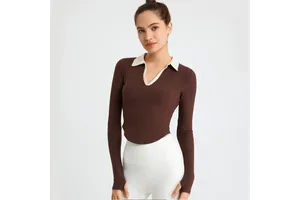 Women's Turn-down Collar Solid Sports T-Shirt V-neck Tight-fitting Nine Quarter Sleeve Fitness Wear Rounded Hem Running Yoga