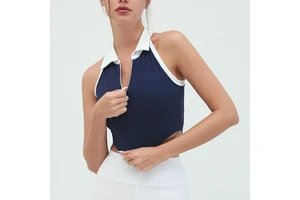 Women's High Elastic Quick-Drying Vest for Sports & Fitness Contrast Lapel Front Logo Print Pattern for Running Yoga Training