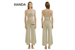 XIANDA New Fashion Solid Breathable Lightweight Slimming Pleated Vest Elastic Waist Wide-Leg Pants Gym Fitness Yoga Sports Suit